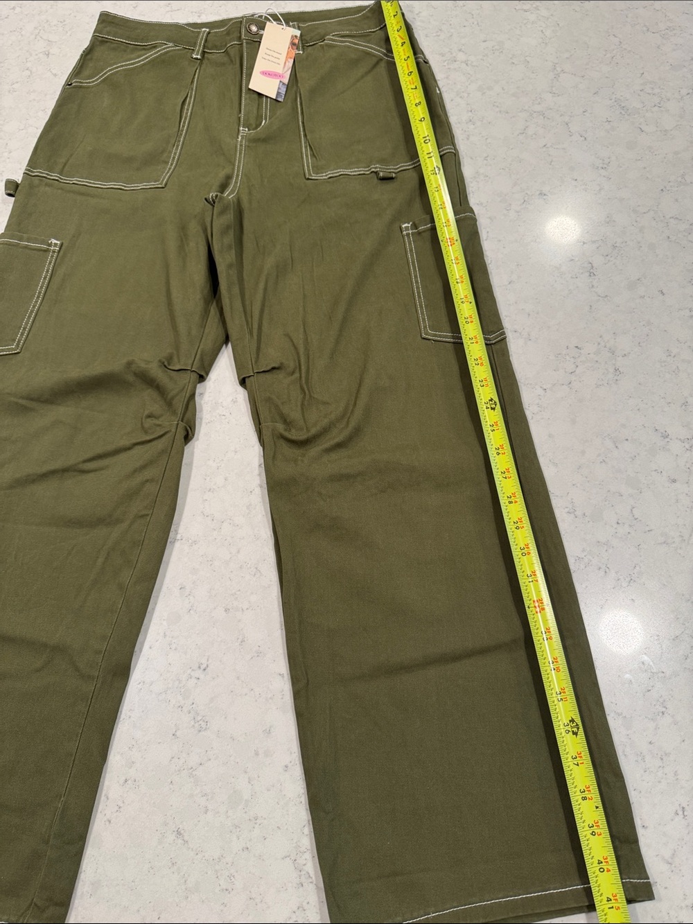 NWT DOKOTOO Sz 14 Olive Carpenter Utility Cargo High Waist White Stitch Stretch - Picture 12 of 16